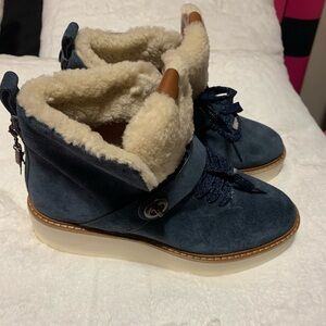 Women's Coach Brand Navy Suede Ankle Boots with Faux Fur Lining